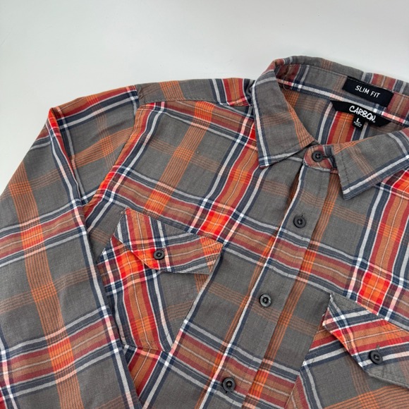 Carbon Other - Carbon Mens Slim Fit Plaid Button Down Shirt Gray Orange Red Large RN 70829‎